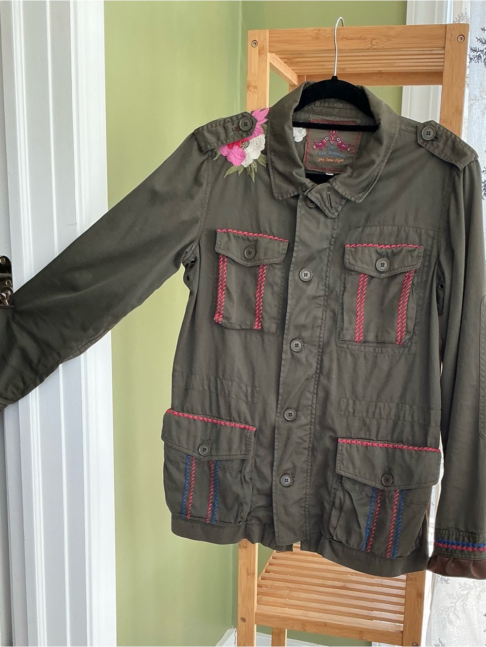 Johnny Was Embroidered Olive Green Military Cargo Utility Jacket Boho - Medium